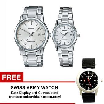 Casio Couple Watch Jam Tangan Couple - Silver - Strap Stainless Steel - V002D-7AUDF + Gratis Swiss army watch - Warna Random  