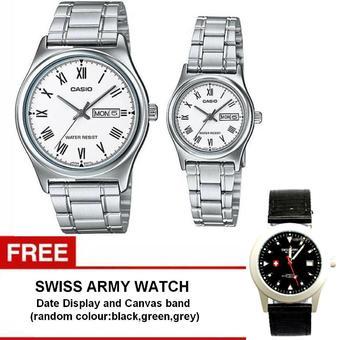 Casio Couple Watch Jam Tangan Couple - Silver - Strap Stainless Steel - V006D-7BUDF + Gratis Swiss army watch - Warna Random  