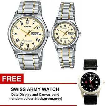 Casio Couple watch Jam Tangan Pasangan - Silver Gold - Strap Stainless Steel - V006SG-9BUDF + Gratis Swiss army watch - Warna Random  