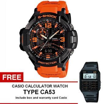 Casio G-Shock G-Aviation Gravity Defier Watch Jam Tangan Pria - Hitam Oranye- Strap Karet - GA-1000-4ADR+ Gratis Casio Calculator Watch CA53  