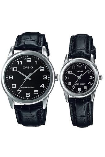 Casio Jam Tangan Couple - Hitam-Silver - Strap Genuine Leather - V001L-1BUDF  