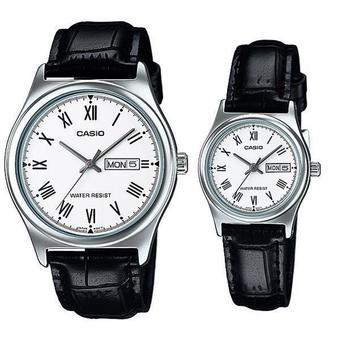 Casio Jam Tangan Couple - Hitam Silver - Strap Genuine Leather - V006L-7BUDF  