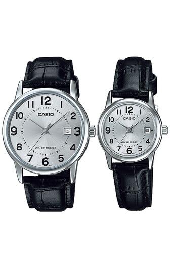 Casio Jam Tangan Couple - Hitam-Silver - Strap Genuine Leather - V002L-7BUDF  