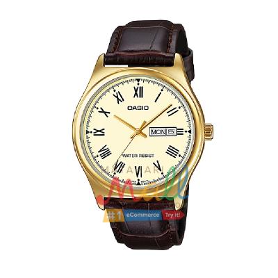 Casio MTP-V006GL-9BUDF Stainless Steel Tali Kulit Coklat Jam Tangan Pria - Gold