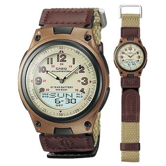 Casio Original Jam Tangan Pria Strap Canvas Dual Time AW-80V-5BV - Cokelat  