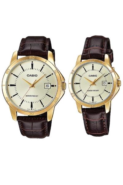 Casio V004GL-9AUDF - Couple Watch - Jam Tangan Couple - Strap Genuine Leather Band - Cokelat Gold