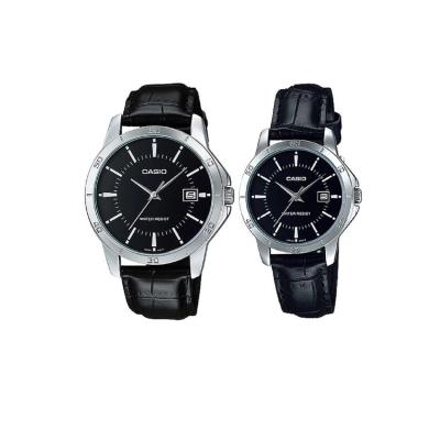 Casio V004L-1AUDF - Couple Watch - Jam Tangan Couple - Strap Genuine Leather - Hitam Silver