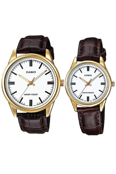 Casio V005GL-7AUDF - Couple Watch - Jam Tangan Couple - Strap Genuine Leather Band - Cokelat Gold