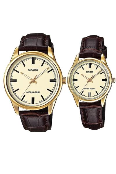 Casio V005GL-9AUDF - Couple Watch - Jam Tangan Couple - Strap Genuine Leather Band - Cokelat Gold