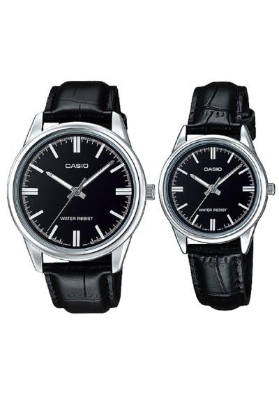 Casio V005L-1AUDF - Couple Watch - Jam Tangan Couple - Strap Genuine Leather - Hitam Silver