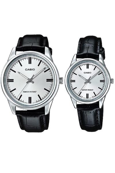 Casio V005L-7AUDF - Couple Watch - Jam Tangan Couple - Strap Genuine Leather - Hitam Silver