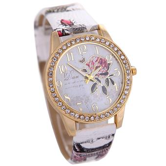 Cocotina Women's Casual Faux Leather Band Rhinestones Round Flower Dial Quartz Wrist Watch – White (Intl)  