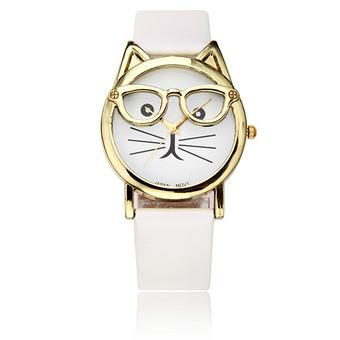 Cute Glasses Cat PU Leather Band Women Children Analog Quartz Watch (Intl)  