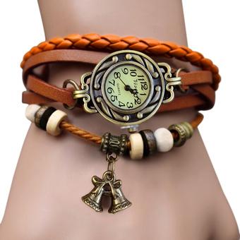 Cyber Bell Pendant Women's Weave Wrap Bracelet Wrist Watch (Orange)  