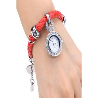 Cyber Fashion Women Casual Watch Wristwatch Rhinestone Bracelets Weave Quartz Watch (Red)  