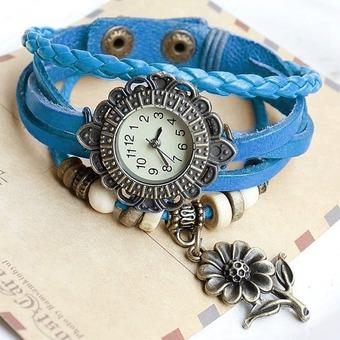 Cyber Quartz Sunflower Weave Wrap Synthetic Leather Bracelet Women's Wrist Watch 8 Colors ( Light Blue )  