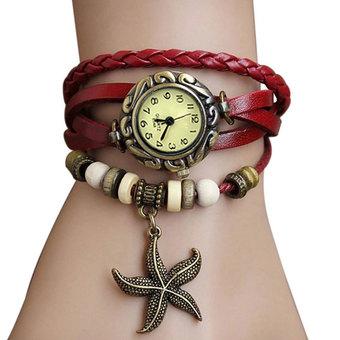 Cyber Quartz Weave Wrap Leather Bracelet Wrist Watch (Red)  