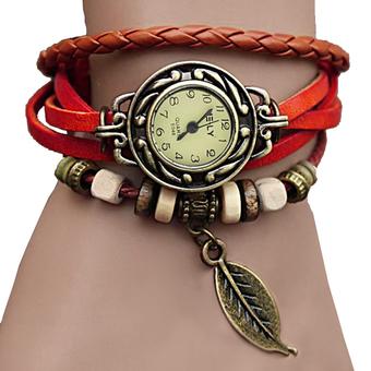 Cyber Synthetic Leather Quartz Bracelet Women Wrist Watch (Red)  