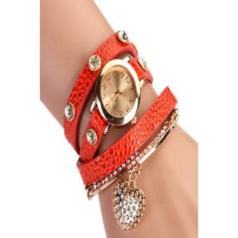 Cyber Women Casual Watches Crystal Faux Leather Strap Long Chain Quartz Watches (Orange)  