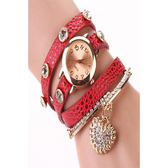 Cyber Women Casual Watches Crystal Faux Leather Strap Long Chain Quartz Watches (Red)  