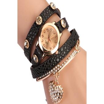 Cyber Women Casual Watches Crystal Faux Leather Strap Long Chain Quartz Watches (Black)  