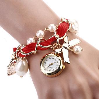 Cyber Women's Beads Watch Strap Hanging Chain Wristwatch (Red)  