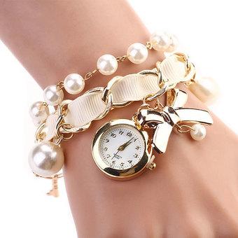 Cyber Women's Beads Watch Strap Hanging Chain Wristwatch (White)  