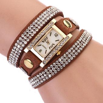 Cyber Women's Square Rhinestone Wrap Multilayer Watches Leather Bracelet Wristwatch (Coffee)  