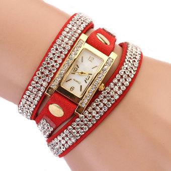 Cyber Women's Square Rhinestone Wrap Multilayer Watches Leather Bracelet Wristwatch (Red)  