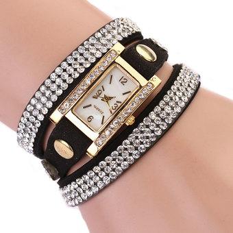 Cyber Women's Square Rhinestone Wrap Multilayer Watches Leather Bracelet Wristwatch (Black)  