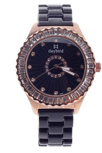 Daybird 3791 Ceramic Band Women's Wrist Watch w/ Rhinestone - Black + Rose Gold  