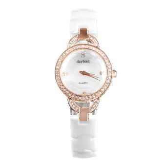 Daybird3953 Ladies Fashion Diamond Three Dimensional Crystal Surface with Ceramics Wristbands Quartz Watches - Rose Gold  