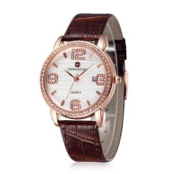 EMMANUEL Fashion Watch Women Rhinestones Watches Leather Rose Gold Plated Case Wristwatch Wholesale- Coffee White  