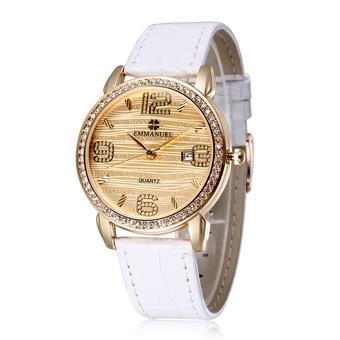 EMMANUEL Hot Sale Quartz Watch Women Fashion Casual Watches Rhinestones Leather Rose Gold Plated Case Calendar Wristwatch-White  