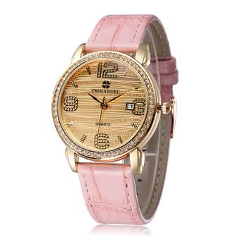 EMMANUEL Hot Sale Quartz Watch Women Fashion Casual Watches Rhinestones Leather Rose Gold Plated Case Calendar Wristwatch-Pink  