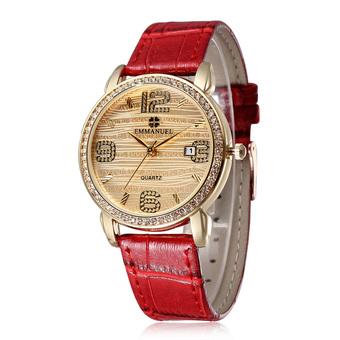 EMMANUEL Hot Sale Quartz Watch Women Fashion Casual Watches Rhinestones Leather Rose Gold Plated Case Calendar Wristwatch-Red  