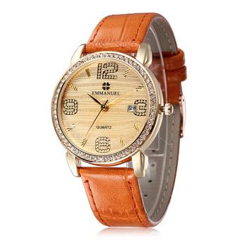 EMMANUEL Hot Sale Quartz Watch Women Fashion Casual Watches Rhinestones Leather Rose Gold Plated Case Calendar Wristwatch-Orange  