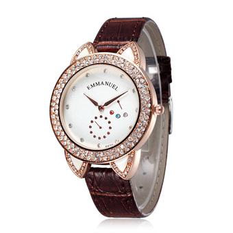 EMMANUEL Women Dress Watch Quartz Casual Rhinestones Watches Leather Rose Gold Plated Case Ladies Wristwatch Hot Sale- Coffee White  