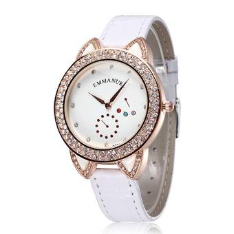 EMMANUEL Women Dress Watch Quartz Casual Rhinestones Watches Leather Rose Gold Plated Case Ladies Wristwatch Hot Sale-White White  