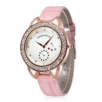 EMMANUEL Women Dress Watch Quartz Casual Rhinestones Watches Leather Rose Gold Plated Case Ladies Wristwatch Hot Sale-Pink White  