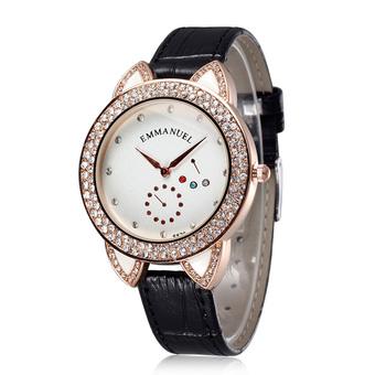 EMMANUEL Women Dress Watch Quartz Casual Rhinestones Watches Leather Rose Gold Plated Case Ladies Wristwatch Hot Sale-Black White  