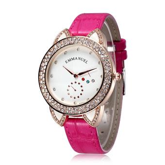 EMMANUEL Women Dress Watch Quartz Casual Rhinestones Watches Leather Rose Gold Plated Case Ladies Wristwatch Hot Sale-Rose Red White  