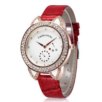 EMMANUEL Women Dress Watch Quartz Casual Rhinestones Watches Leather Rose Gold Plated Case Ladies Wristwatch Hot Sale-Red White  