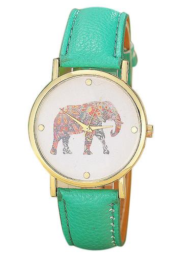 Elephant Printing Pattern Weaved Leather Quartz Dial Green Womens Watch Jam Tangan  