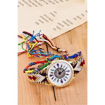 Ethnic Weave Strap Feather Quartz Women's Charm Double Bracelets Watch LC252 Colorful  