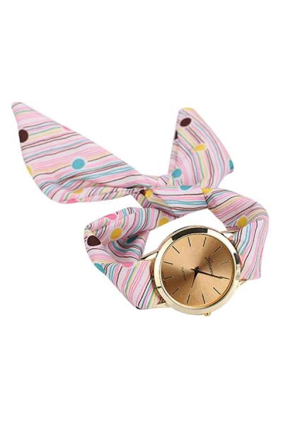 Exclusive Imports Analog Quartz Women's Pink Striped Dots Scarf Strap Watch