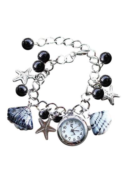 Exclusive Imports Beads Shell Women's Silver Black Chain Wrist Watch