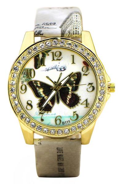 Exclusive Imports Brown Faux Leather Rhinestone Butterfly Flower Quartz Watch