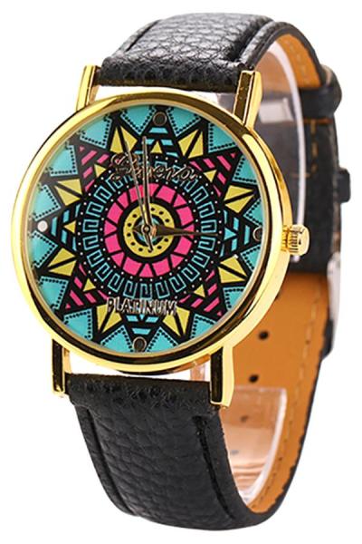 Exclusive Imports Compass Dial Gold Case Faux Leather Watch Black