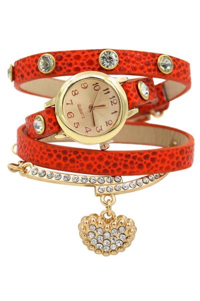 Exclusive Imports Orange Faux Leather Band Rhinestone Heart Litchi Wrist Watch